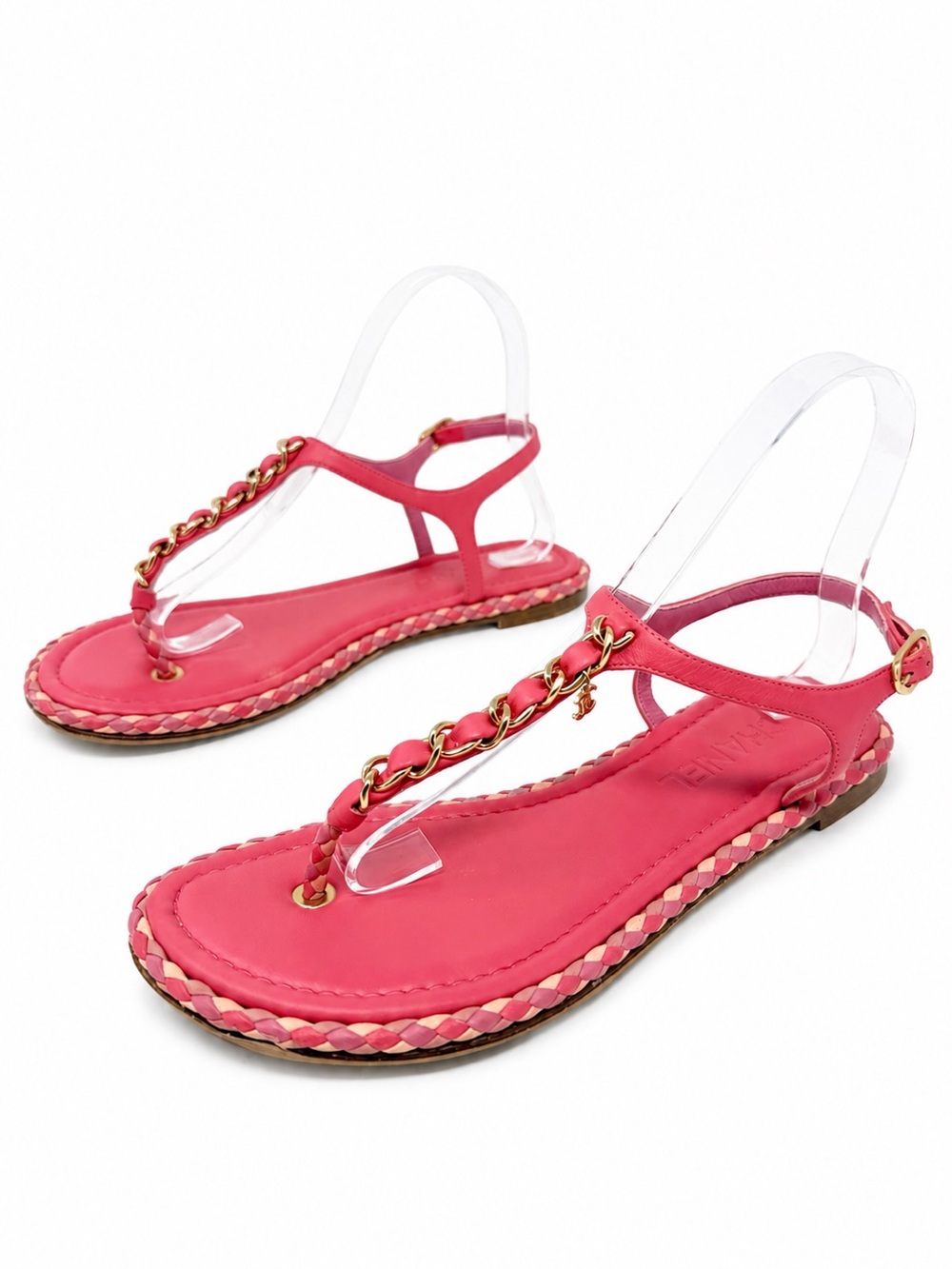 Chanel Chain CC Thong Flat Sandals Pink Womens Size EU 38